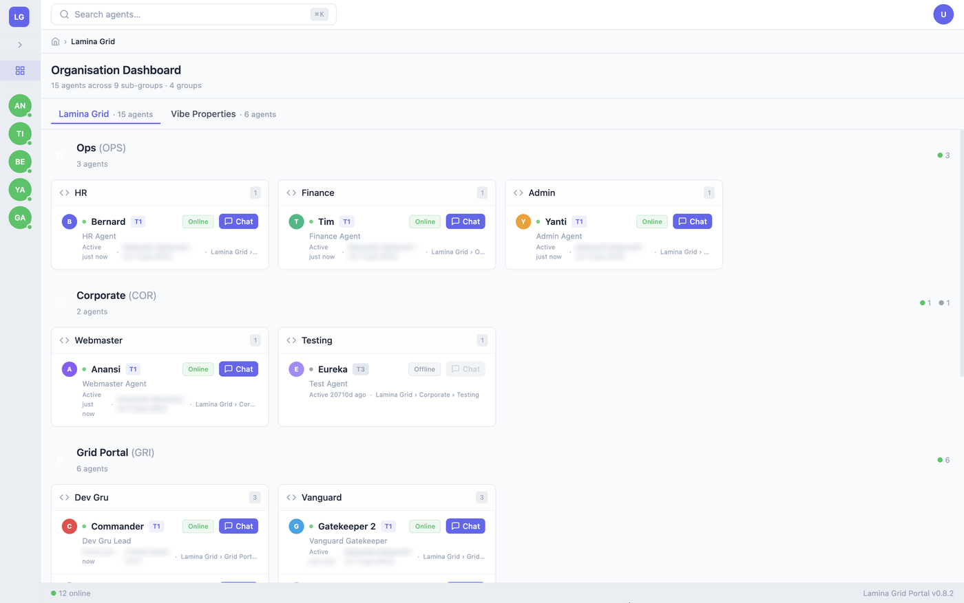 Lamina Grid Portal — organisation dashboard showing agent groups and live status